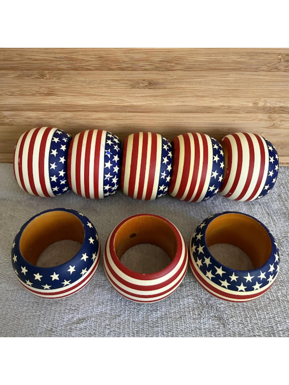 Patriotic Wooden Napkin Rings American Flag Paint Folk Art 8 piece Home Decor